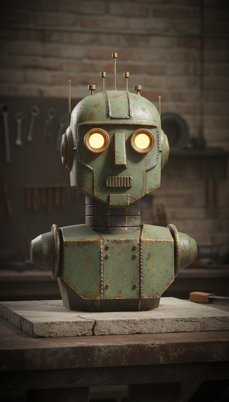 Oxidized Green Retro-Futurist Robot Sculpture
