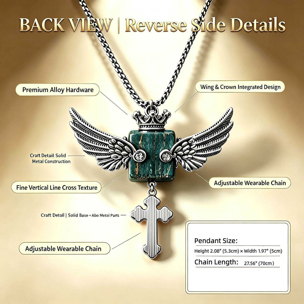 Back view and reverse side details of Rivetkin™ Steampunk Owl Winged Cross Pendant Necklace showing solid metal hardware, craft details, and 5.3cm x 5.0cm dimensions.
