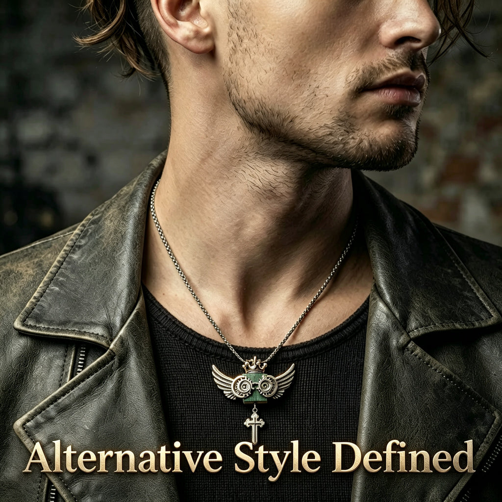 Model wears Rivetkin™ Steampunk Owl Winged Cross Pendant Necklace. Captures the detailed aesthetic, 70cm optimal long chain drop, and gothic industrial edge.
