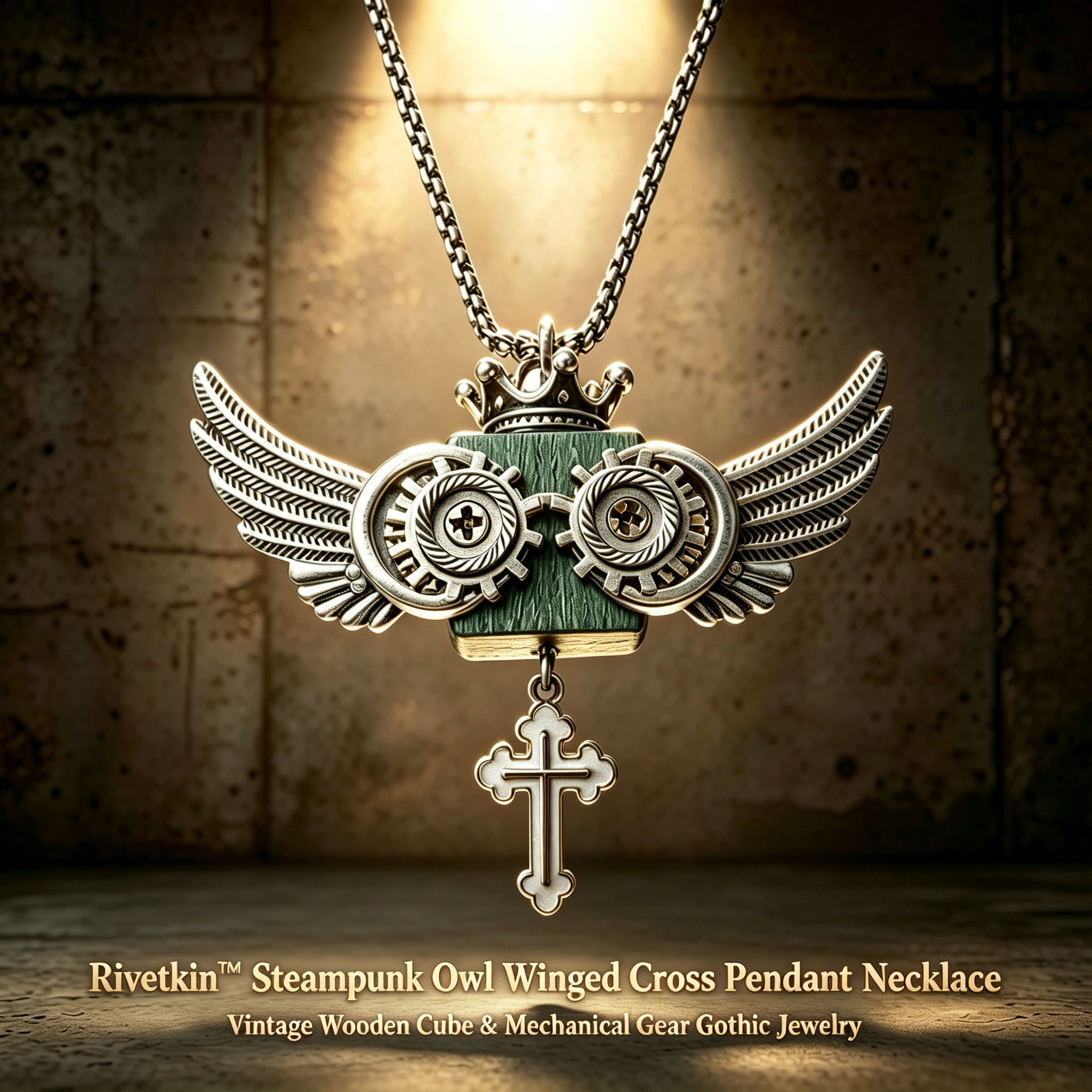 Rivetkin Steampunk Owl Winged Cross Pendant Necklace with Wooden Cube and Mechanical Gears
